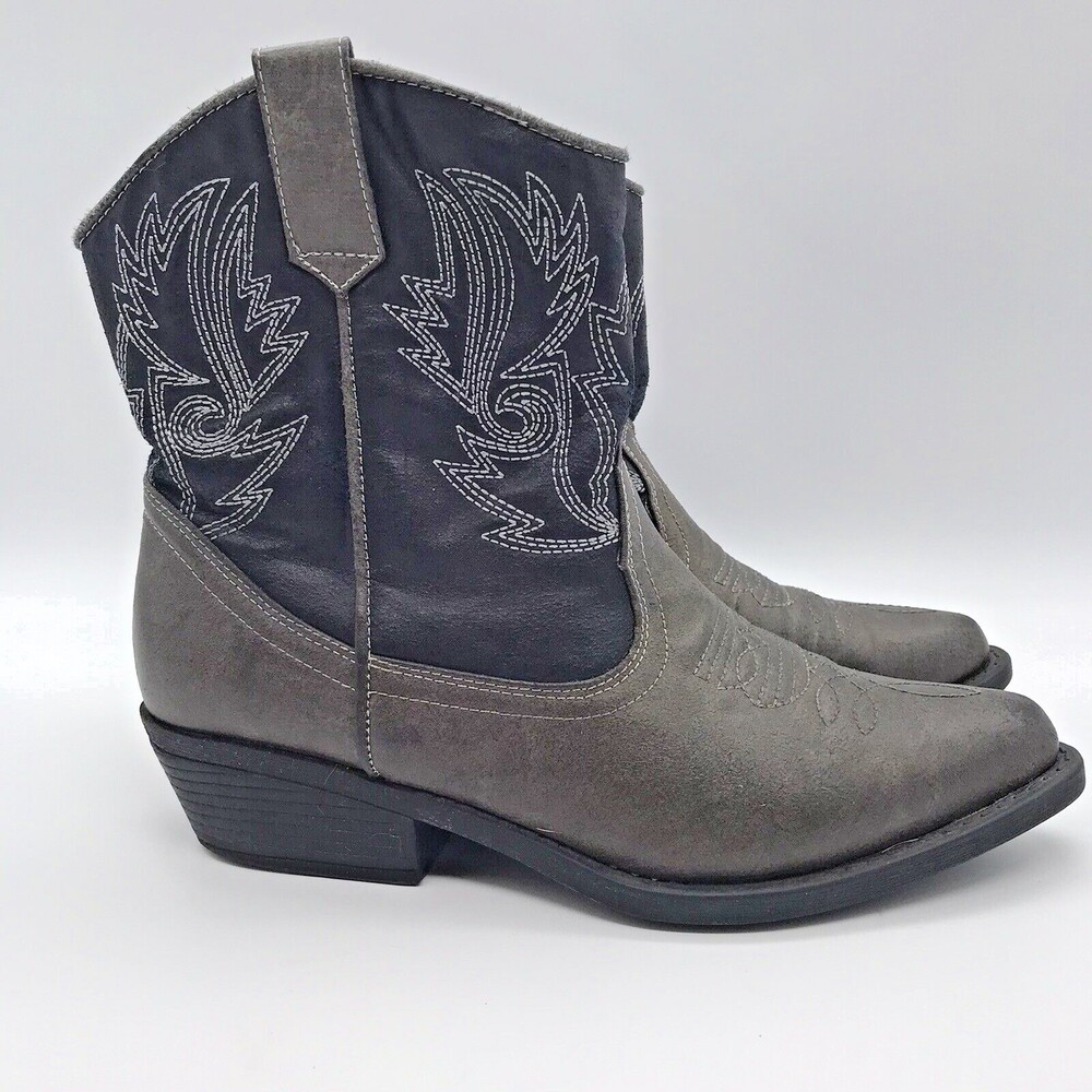 London Rebel Black Gray Embroidered Faux Leather Western Ankle Boots Women's 6M
